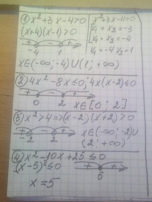 Решить неравенство 1 Икс квадрат плюс 3 икс минус 4 больше нуля 2 4 икс квадрат минус 8 икс меньше