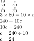 \frac{18}{60} = \frac{c}{80} \\ \frac{3}{10} = \frac{c}{80} \\ 3 \times 80 = 10 \times c \\ 240 = 10c \\ 10c = 240 \\ c = 240 \div 10 \\ c = 24