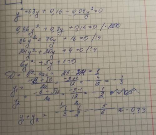 Реши уравнение: y2+0,8y+0,16−0,04y2=0. В ответ запиши сумму его корней.  ответ: .(ответ запиши в вид