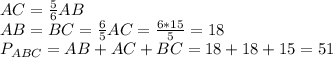 AC = \frac{5}{6} AB\\AB = BC = \frac{6}{5} AC = \frac{6*15}{5} = 18\\P_{ABC} = AB + AC + BC = 18 + 18 + 15 = 51