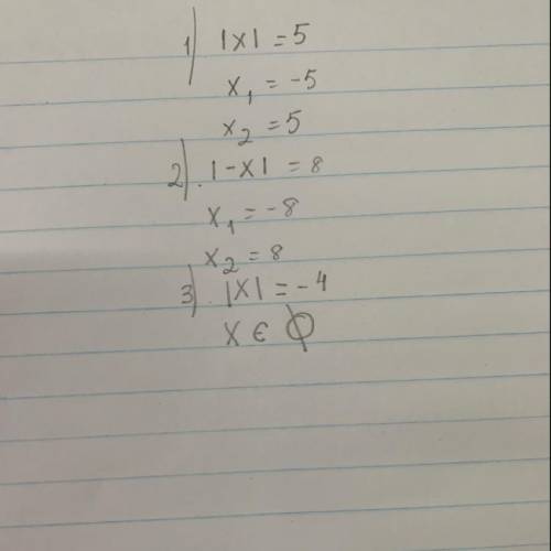 ВСЕ БАЛЫ ДАЮ Решите уравнения: |x| = 5; |−x| = 8; |x| = −4.