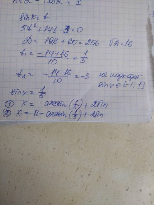 Найди корни уравнения 5sin^2x+14sinx=3 . Корнями уравнения являются: x=arcsin0,2+2πn нет корней π−a