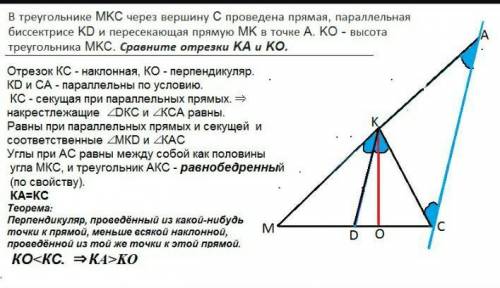 в треугольнике мкс через вершину проведена прямая, паралельная биссектрисе кд и пересекающая прямую