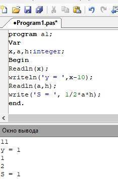 Написать программу в Паскалey=x-10ИS=1/2ah