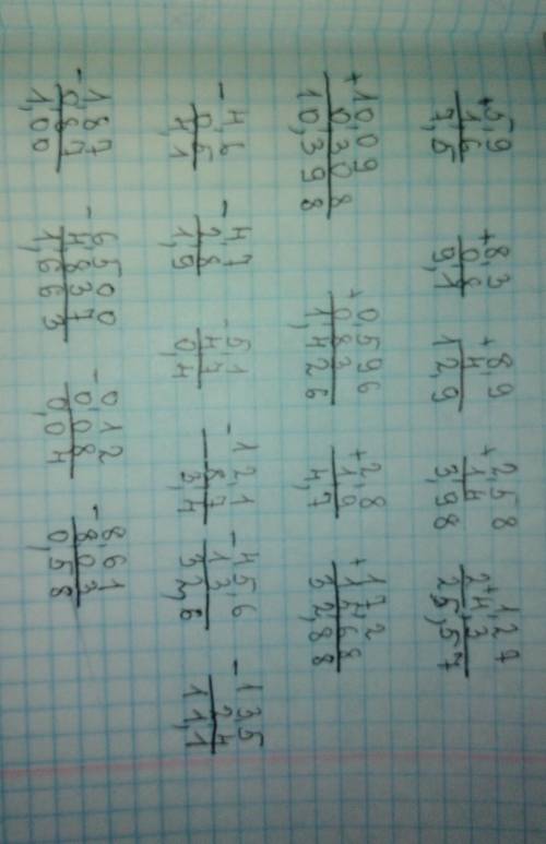 Выполни сложение и вычитание десятичных дробей столбиком поразрядно: 5,9 + 1,6 8,3 + 0,8 8,9 + 4 2