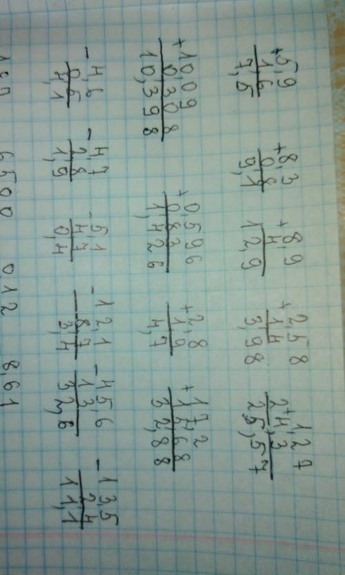 Выполни сложение и вычитание десятичных дробей столбиком поразрядно: 5,9 + 1,6 8,3 + 0,8 8,9 + 4 2