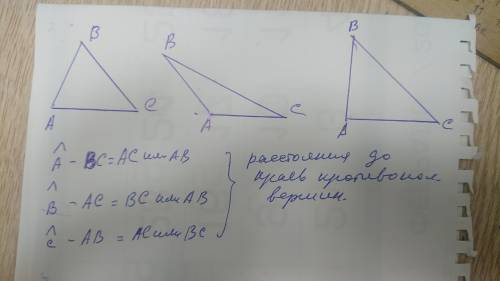 3. Начертите а) остроугольный, б) прямоугольный, в) тупоугольный треуголь- ники. Укажите расстояние