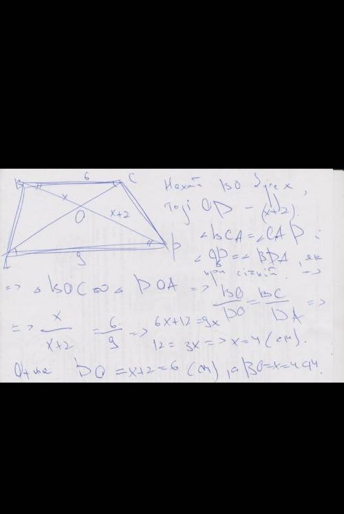 О-точка перетину діагоналей трапеції АВСD з основами АD і ВС, АD=9см, ВС=6см. Знайдіть довжини відрі