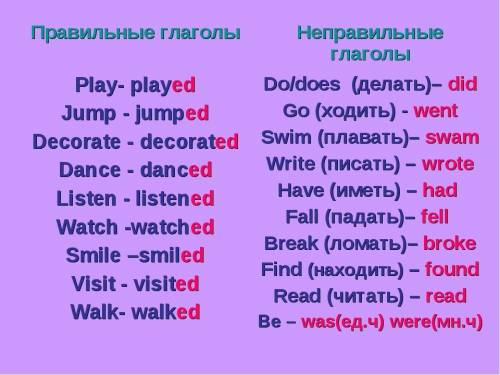 Walk, sing, fly, begin, jump, study - с этими глаголами предл +-? правильные и неправильные глаголы