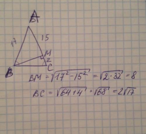 Высота BM равнобедренного треугольника ABC (AB=AC) делит сторону AC на отрезки AM= 15 см и CM=2 см.