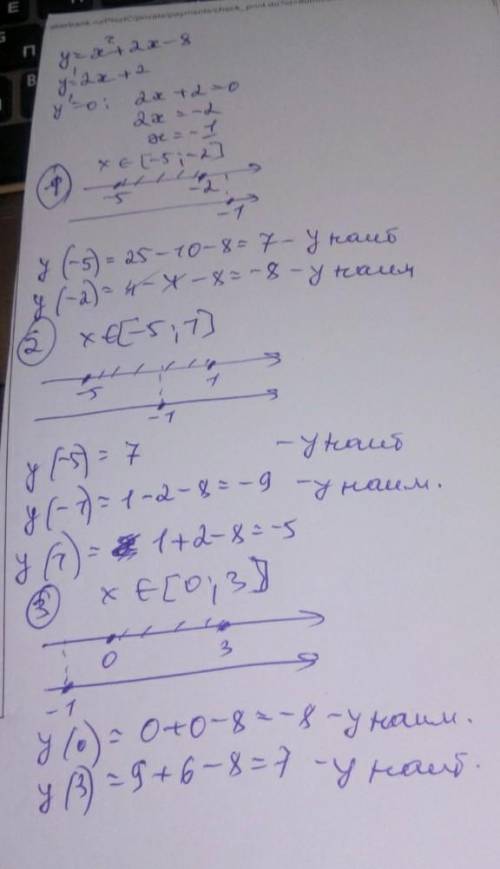 458. Найдите наибольшее и наименьшее значение функции: а) y=x - 2х - 8, если х》 [3; 5];б) у =-x + 2х