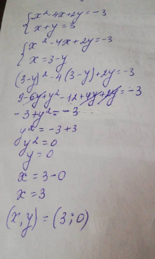 Розв'яжіть систему рівнянь {x²-4x+2y=-3{x+y=3​