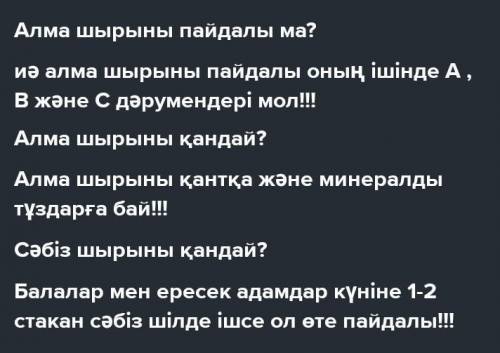 Айтылым 1-тапсырма. Сұраққа жауап бер.— Алма шырыны пайдалы ма?Алма шырыны қандай?Сәбіз шырыны қанда