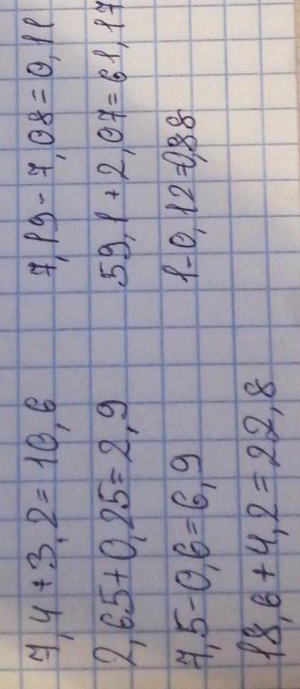 Сложение и вычитание десятичных дробей 2,65+0,25= 7,5-0,6= 18,6+4,2= 7,19-7,08 = 59,1+2,07= 1-0,1
