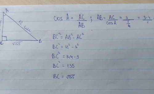 Неизвестные стороны прямоугольного треугольника ABCAC=3см cos A 1/4​