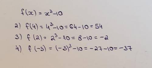 Дана функция f(x) = x3  –  10. Найдите: 2) f(4); 3) f(2);  4) f(–3); Образец :        1) f(5)= 53-10