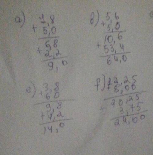 A) 1,8 + 5 + 2,2 = b) 5,6 + 5 + 53,4 = c) 2,01 + 13,4 + 4,59 = d) 0,3 + 1,7 + 2,5 = e) 3,8 + 6 + 4,