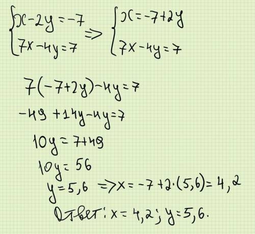 Реши систему уравнений методом подстановки: {x−2y=−7 {7x−4y=7 (В ответе запиши только числа.)