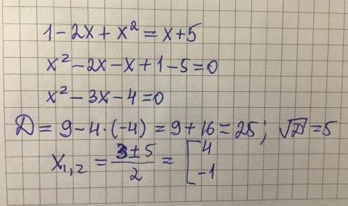 Является ли число -1 корнем уравнения 1 - 2x + x^2 = x + 5