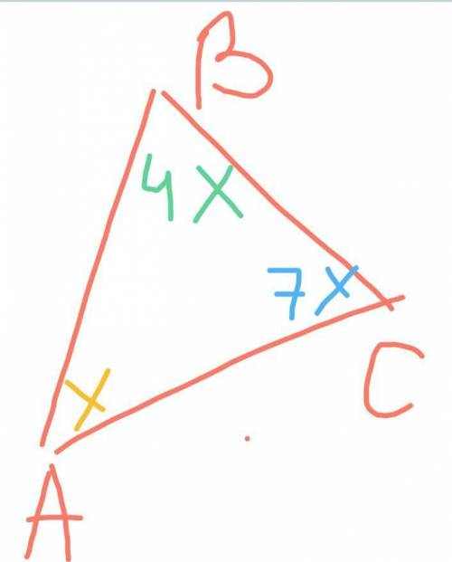 Найдите сумму треугольных углов, если они пропорциональны числам 1;4;7.​