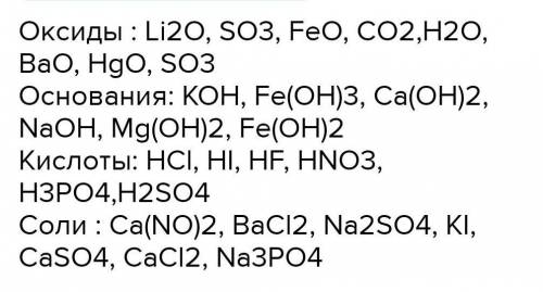Даны вещества: KOH, BaClz, Li2O, HCI, SO2, HI, Fe(OH)3, HF, Ca(OH)2, FeO, Na 2SO4, NaOH, KI, CO2, Ca