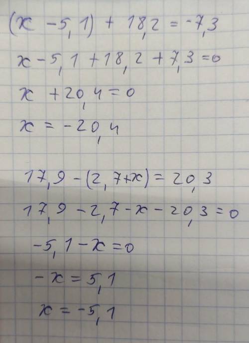 Розв’яжи рівняння: 1) (х – 5,1) + 18,2 = –7,3; 2) 17,9 – (2,7 + х) = 20,3.