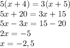 5(x+4)=3(x+5)\\5x+20=3x+15\\5x-3x=15-20\\2x=-5\\x=-2,5\\