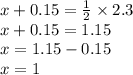 x + 0.15 = \frac{1}{2} \times 2.3 \\ x + 0.15 = 1.15 \\ x = 1.15 - 0.15 \\ x = 1