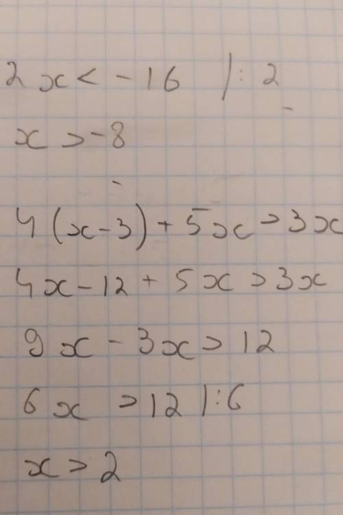 Решите неравенство 1)2x <-16 2) 3x+7х+153) 4(х-3)+5х >3х​