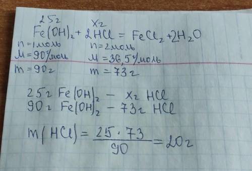 Вычислите массу соляной кислоты, которой потребуется для растворения 25г гидроксида железа 2 HCl+FeC