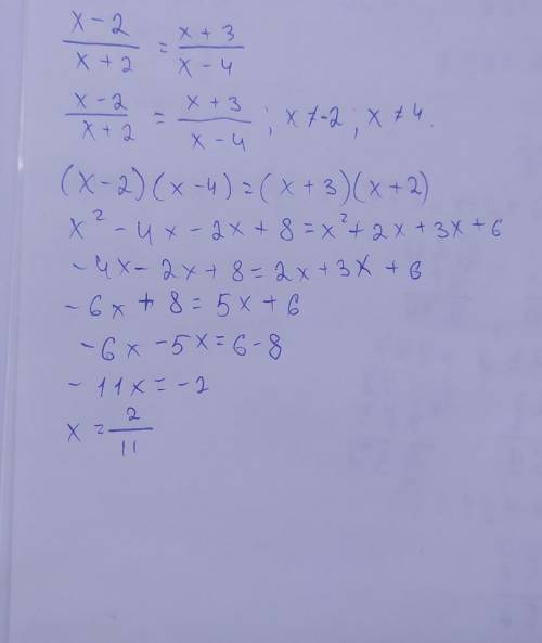 Решите уравнение x-2/x+2=x+3/x-4​