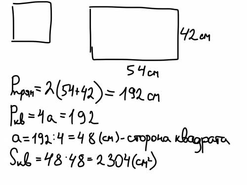 Найдите площадь квадрата периметр которого равен периметру прямоугольника со сторонами 54 см и 42 см