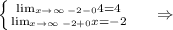 \left \{ {{ \lim_{x \to \infty} _{-2-0}4=4 } \atop { \lim_{x \to \infty} _{-2+0}x=-2 }} \right.\ \ \ \ \Rightarrow