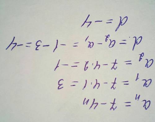 В арифметической прогрессии an = 7 - 4 n. Найдите разность d.