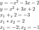y = -x^2-3x-2\\y = x^2 +3x +2\\x_1+_x2 = -3\\x_1*x_2 = 2\\x_1 = -2; x_2 = -1