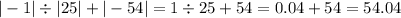 | - 1| \div |25| + | - 54| = 1 \div 25 + 54 = 0.04 + 54 = 54.04