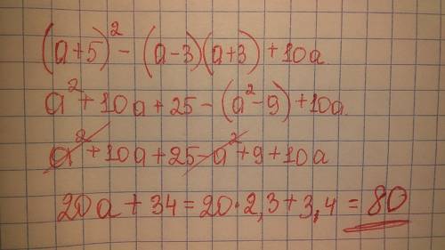 Упростите выражение (a + 5)2 – (a – 3)(a + 3) + 10a, найдите его значение при a = 2,3. В ответ запиш