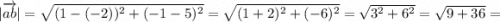 |\overrightarrow {ab}|=\sqrt{(1-(-2))^{2}+(-1-5)^{2}}=\sqrt{(1+2)^{2}+(-6)^{2}}=\sqrt{3^{2}+6^{2}}=\sqrt{9+36}=
