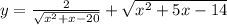 y = \frac{2}{ \sqrt{x {}^{2} + x - 20} } + \sqrt{x {}^{2} + 5x - 14 }