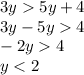 3y 5y+4\\3y-5y 4\\-2y 4\\y < 2