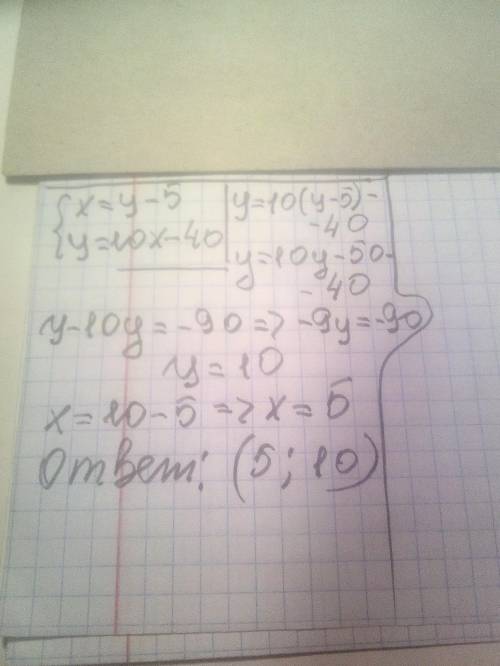 Решите систему уравнений {x=y-5 {y=10x-40