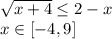 \sqrt{x+4} \leq 2-x \\x \in [-4,9]