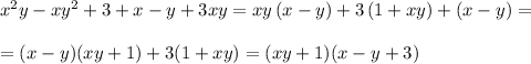 x^2y-xy^2+3+x-y+3xy=xy\, (x-y)+3\, (1+xy)+(x-y)=\\\\=(x-y)(xy+1)+3(1+xy)=(xy+1)(x-y+3)