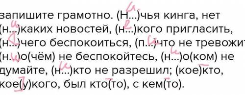 Запишите грамотно. (Н…)чья кинга, нет (н…)каких новостей, (н…)кого пригласить, (н…)чего беспокоиться