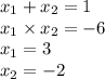 x_1 + x_2 = 1 \\ x_1 \times x_ 2 = - 6 \\ x_1 = 3 \\ x_2 = - 2