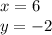 x = 6 \\ y = - 2