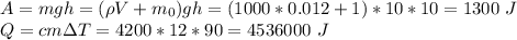 A = mgh = (\rho V + m_0)gh = (1000*0.012 + 1) * 10 * 10 = 1300~J\\Q = cm\Delta T = 4200*12*90=4536000~J