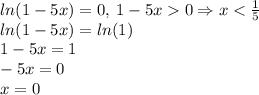 ln(1 - 5x) = 0, \: 1 - 5x 0\Rightarrow x < \frac{1}{5} \\ ln(1 - 5x) = ln(1) \\ 1 - 5x = 1 \\ - 5x = 0 \\ x = 0