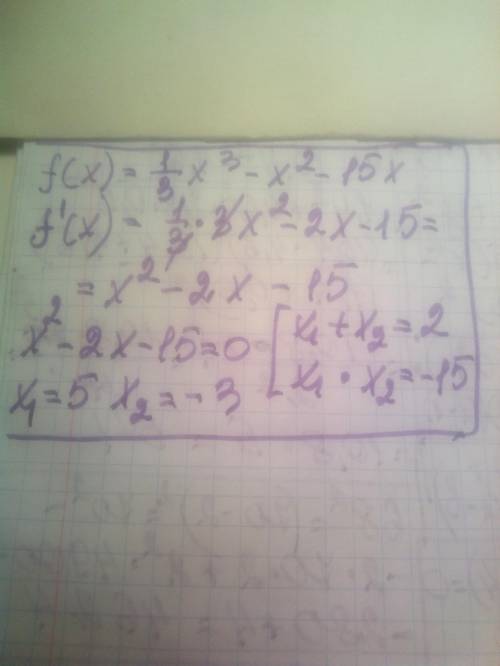 Решить уравнение f'(x) =0, если f(x) = 1/3 x³ - x²-15x