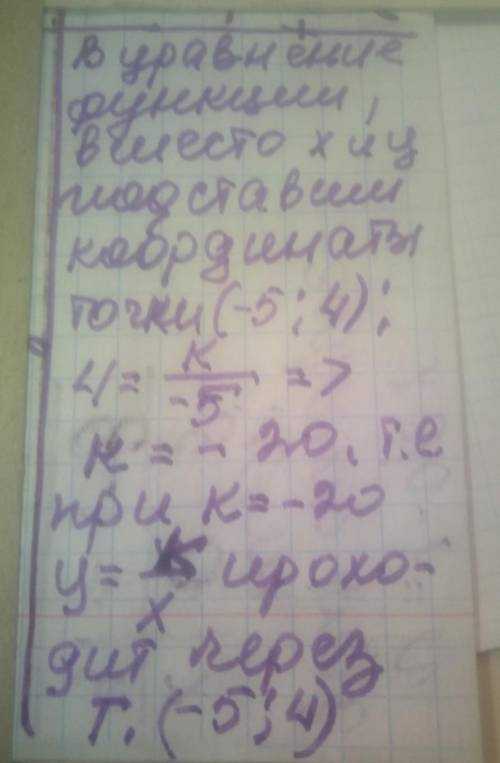 Вкажіть значення к за якого функція y = K / X проходить через точку -5, 4 ​